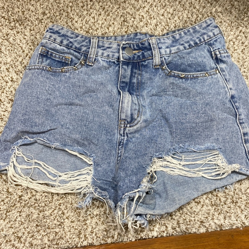 light blue high rise jean shorts
